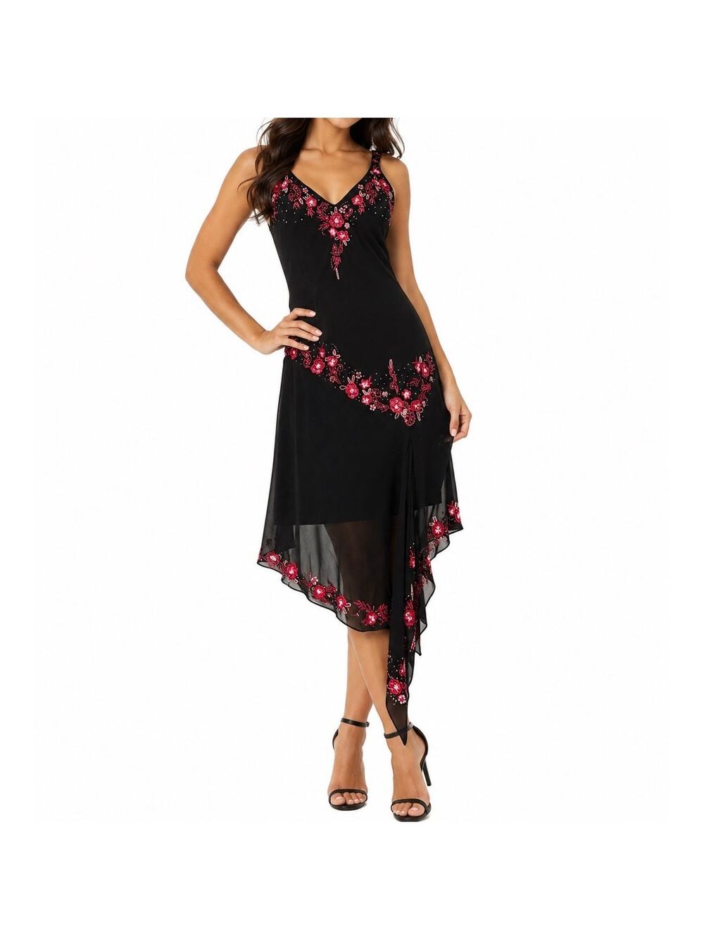 R&M Richards Petite 14P Black Red Beaded Floral Handkerchief Hem Evening Dress